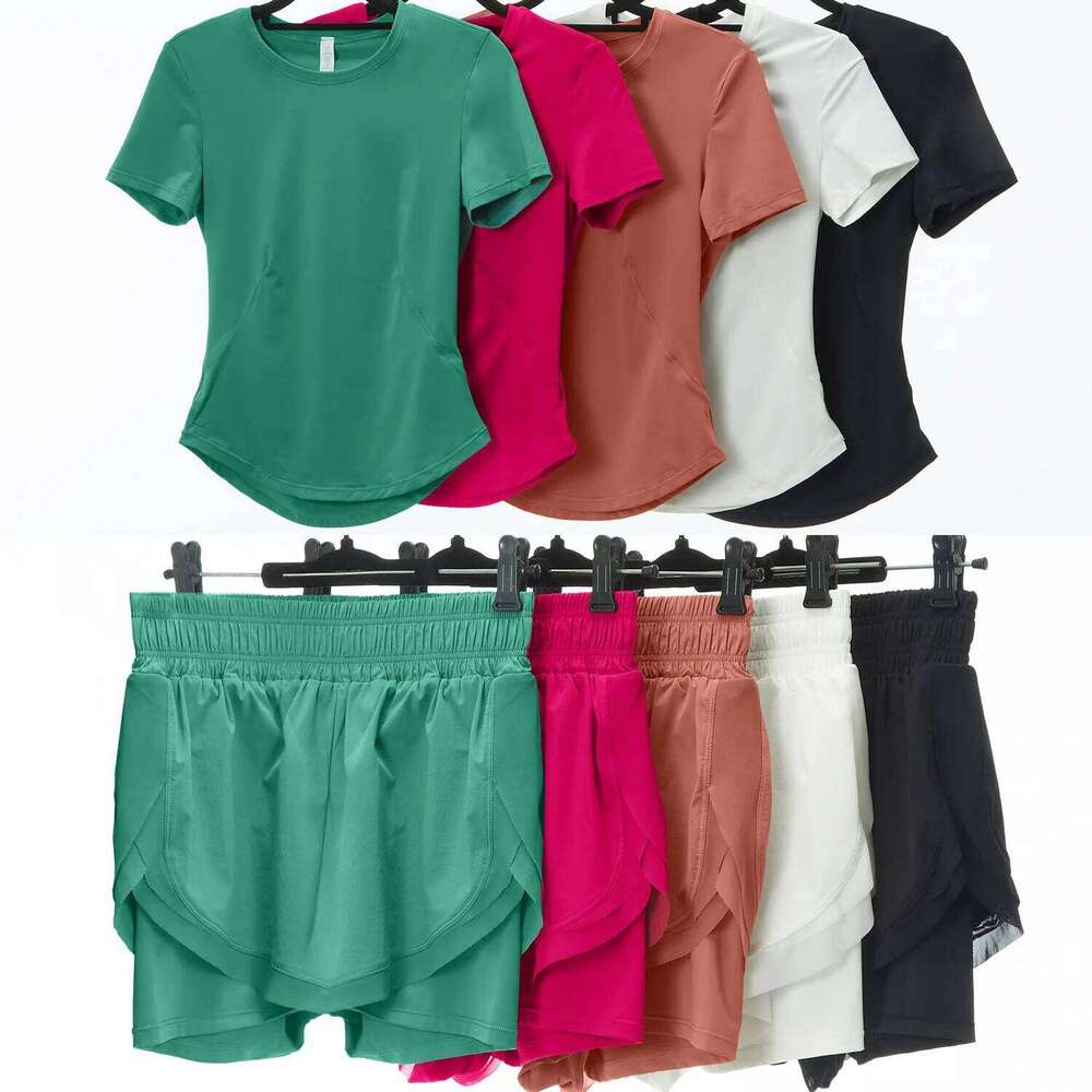 Summer Women T-shirt and shorts suit 2 Pieces Fiess Yoga Set Solid Color Sportswear Outdoor Running Suit Gym Clothes 2382