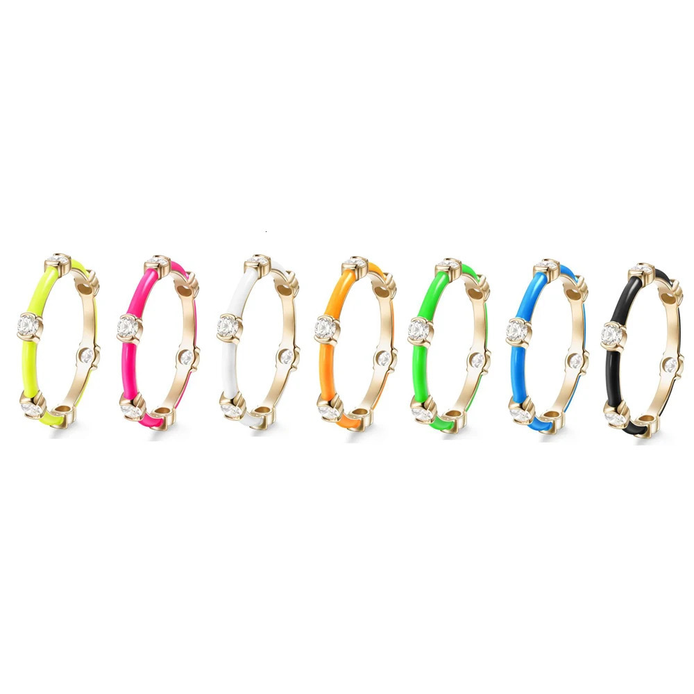 Colorful Enamel Gold Color Band Ring For Women Girl Neon CZ Stack Stacking Finger Rings 250624