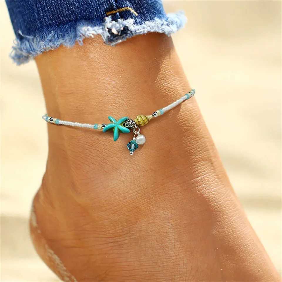 Summer Beach Women Anklets Bohemian Shell Starfish Tortoise Ankle Bracelet on Leg Girls Barefoot Handcraft Chain Jewelry Gifts U250624