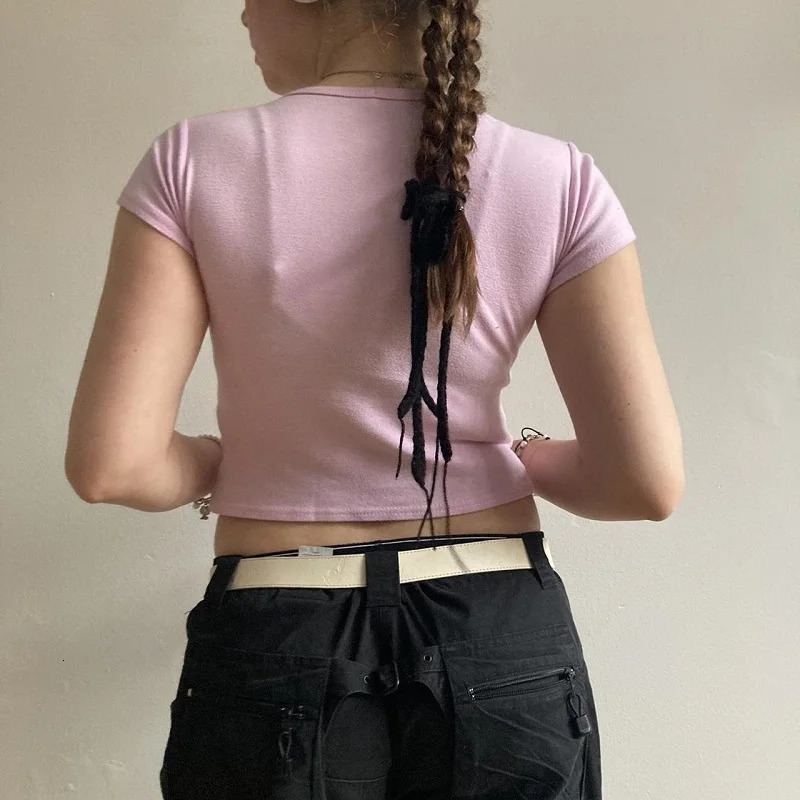 Vintage RhinestoneLetter Pink T-shirt Short Sleeve T-Shirts Y2k sweet Style Crop Tops 2000s Tops Aesthetics Womens Tees Casual 250617