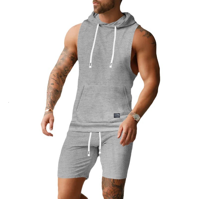 Designer men's sporty sleeveless solid color jacquard knitted hooded sleeveless European and American casual vest and shorts set