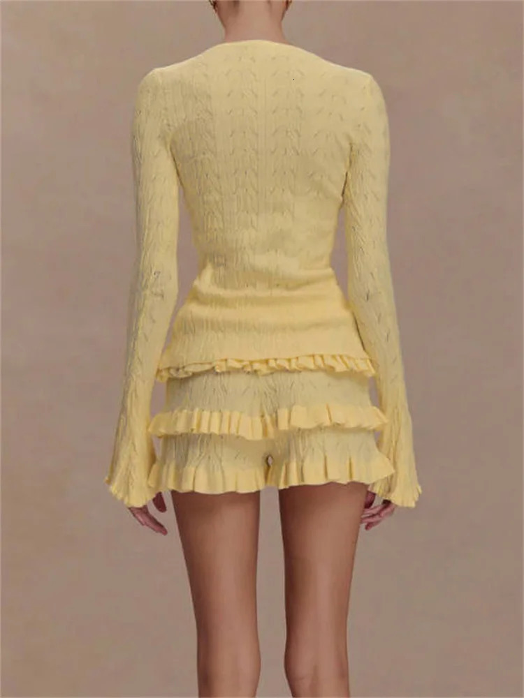 Tossy Summer Knit Ruffled 2 PieceSet Shorts Female Patchwork Slim Casual Long Sleeve Sweater Cardigan And Womens Sets 250618