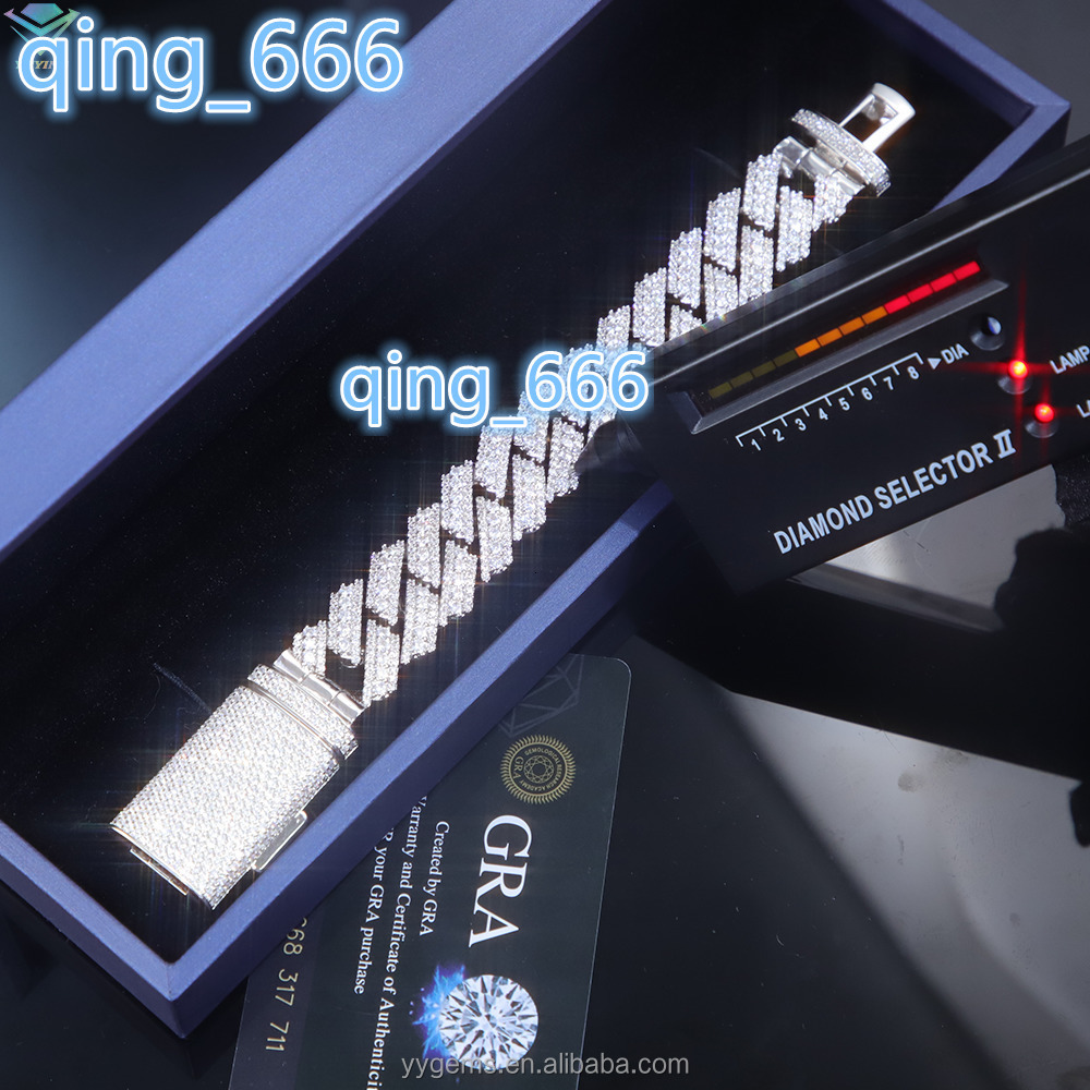 Hot Sale 20mm VVS D Moissanite Diamond Bracelet 925 Silver Gold Plated Cuban Link Chain for Men and Women