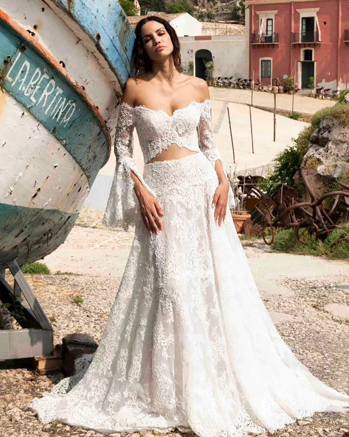 Boho Beach Wedding Dresses A Line 2 Pieces Lace Bride Gowns Off Shoulder Custom Made Pagoda Sleeves Party Dresses for Brides Engagement Birthday