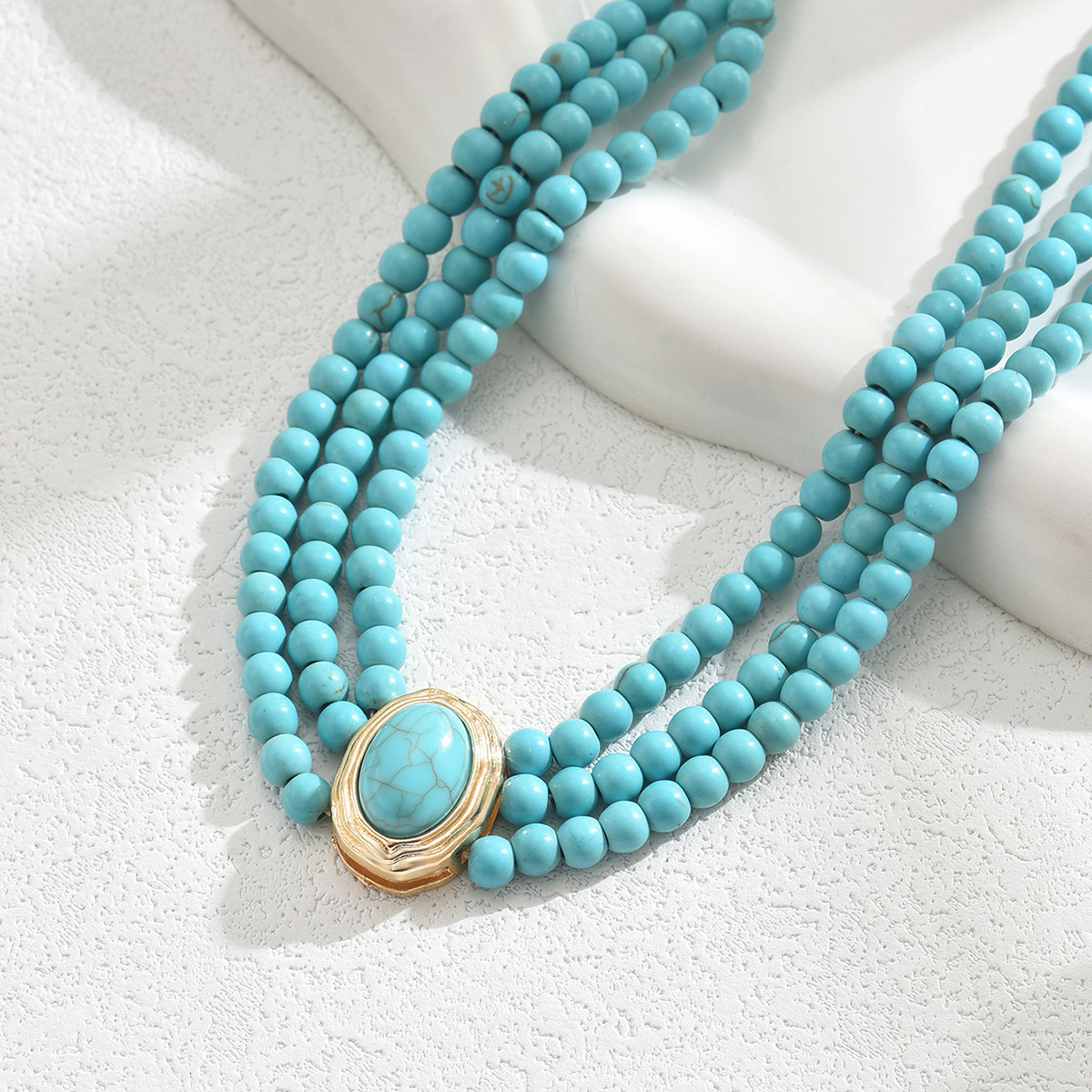 French Style Fashion Beaded Necklace Simple Turquoise Multi-Layer Design Long Alloy Clavicle Chain