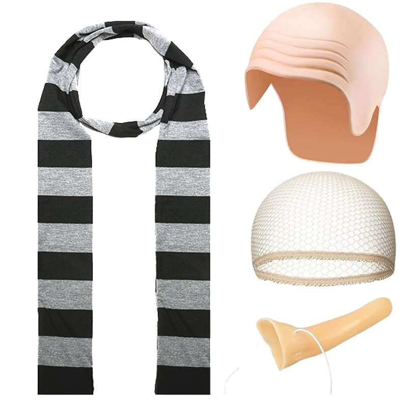 Scalp Long Nose Black Striped Scarf with Hairnet 4-Piece Set for Celebrating Halloween, Christmas, Holiday Shows, Role Play Parties, Little Yellow Man