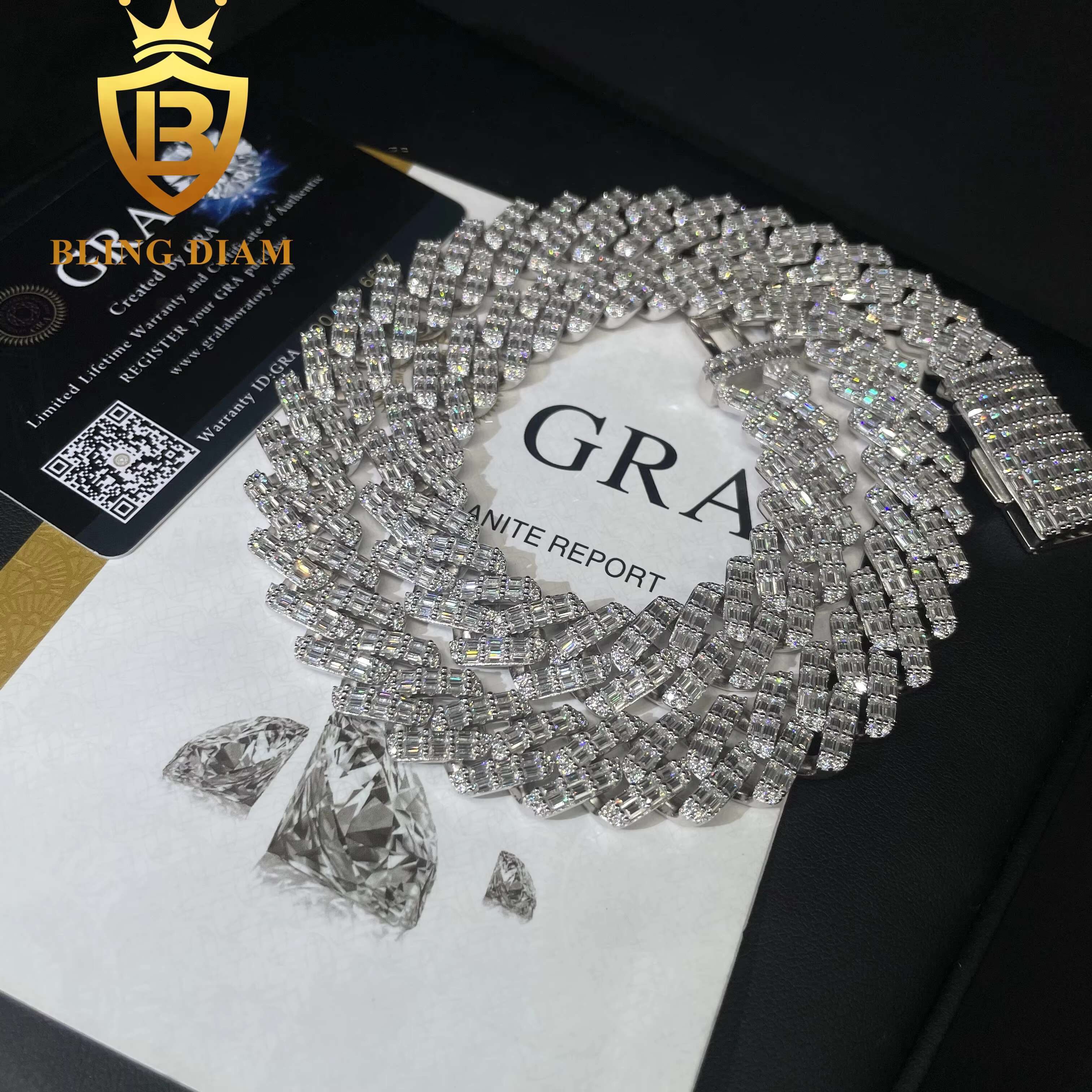 Pass Diamond Tester 15mm 2 Rows Solid 925 Sterling Silver Men Hip Hop Jewelry Iced Out VVS Moissanite Cuban Link Chain Necklace