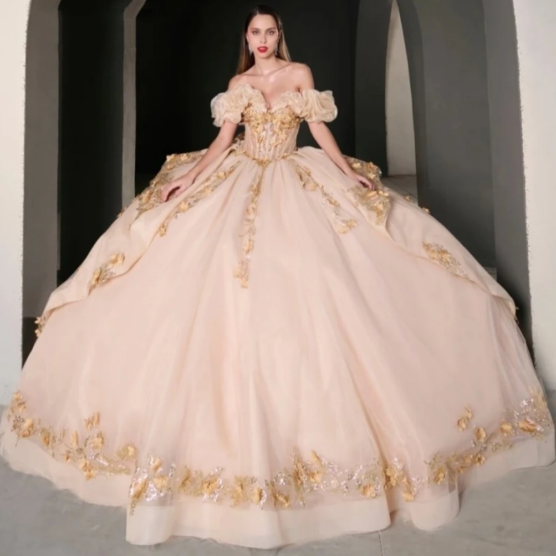 2025 Pink Quinceanera Dresses Ball Gown Gold Floral Applique Beading Tiered Sweet 16 Dress Vestidos De 15 Anos