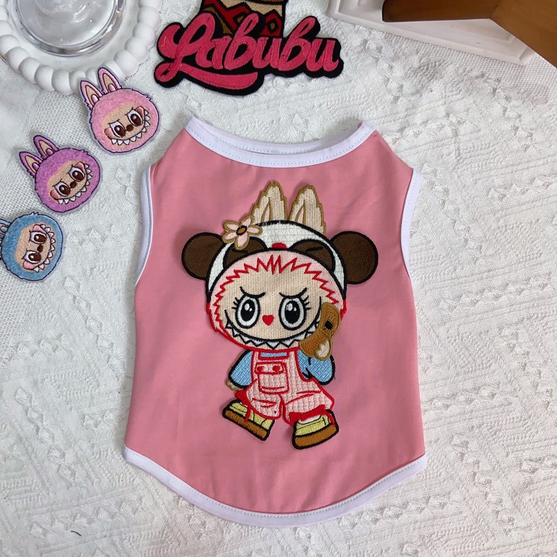 Dog Shirt Dog Vest Summer Fashion Embroidery Dog Clothes with Labubu Exquisite Embroidery Cool Breathable Cotton T-Shirt, Small Medium Dog Boys Girls 