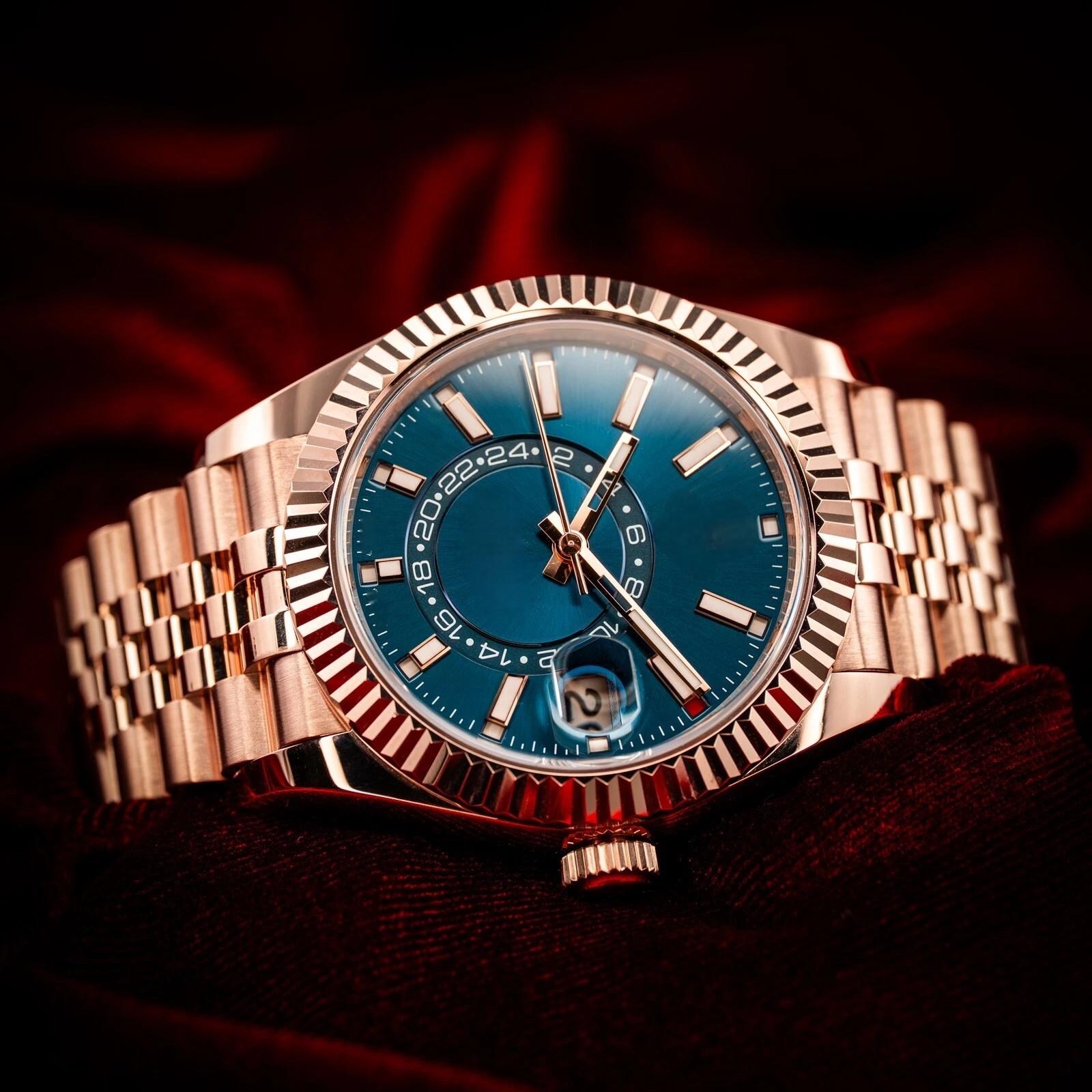 Brand Rol Mens Watch Movement Sky-Dweller Blue Dial Rose Gold Sunburst 42mm Jubilee Fluted Sky - 336935 Automatic Waterproof sapphire Wristwatches