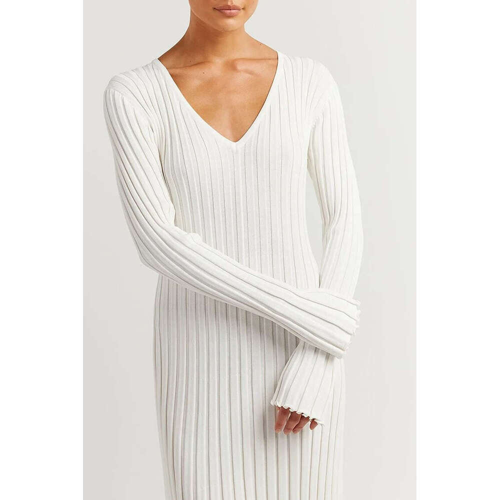 Spring Summer New Casual Waist V-Neck Ribbed Slimming Knitted Long Dress For Women B5