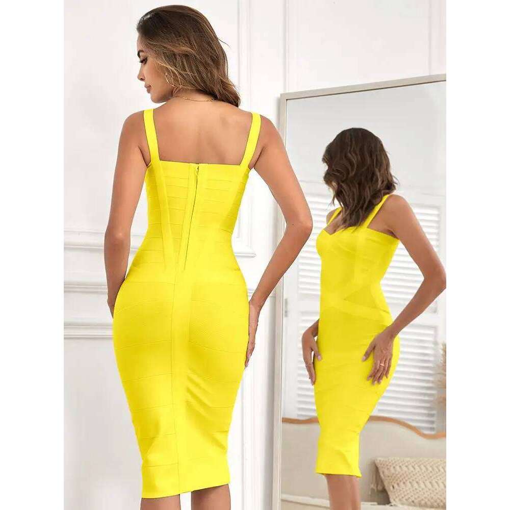BEAUKEY Sexy Vintage Quality Evening Yellow Bandage Women Summer Blue Midi Cross Dress Bodycon Party Ladies Vestidos