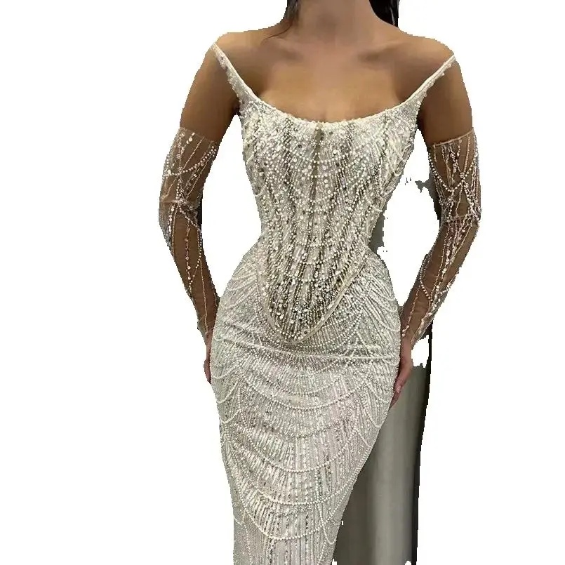 Sparkly Beading Wedding Dresses Women Sexy Spaghetti Straps Sequined Bride Dresses Pearls Floor Length Bridal Gown Customized