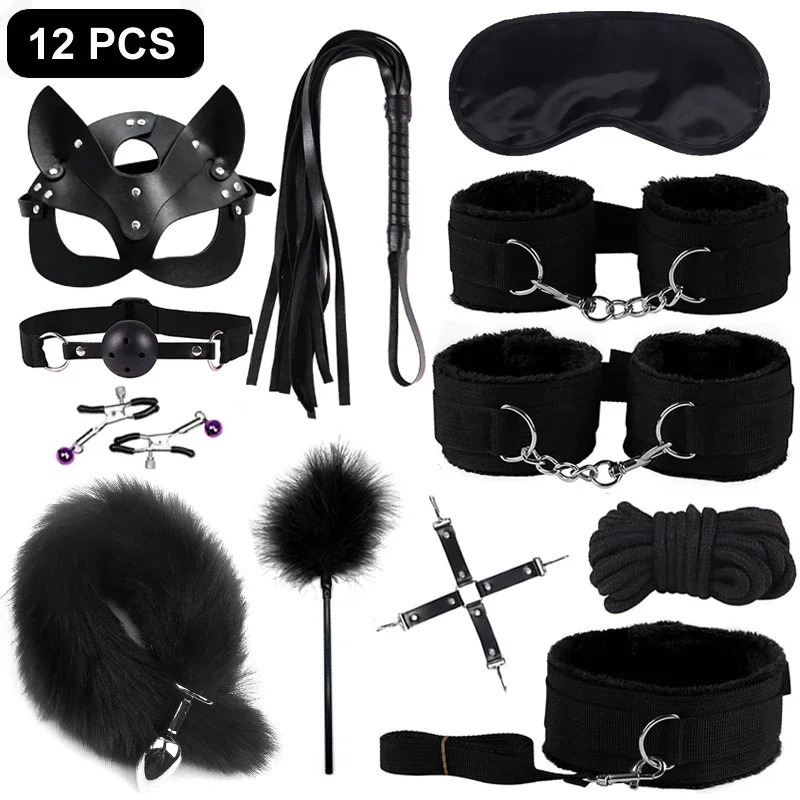 Sexy Leather BDSM Kits Handcuffs Nipple Clamps Whip Spanking Plush Sex Bondage Set Handcuffs Sex Games Sex Toys for Women Men 250624