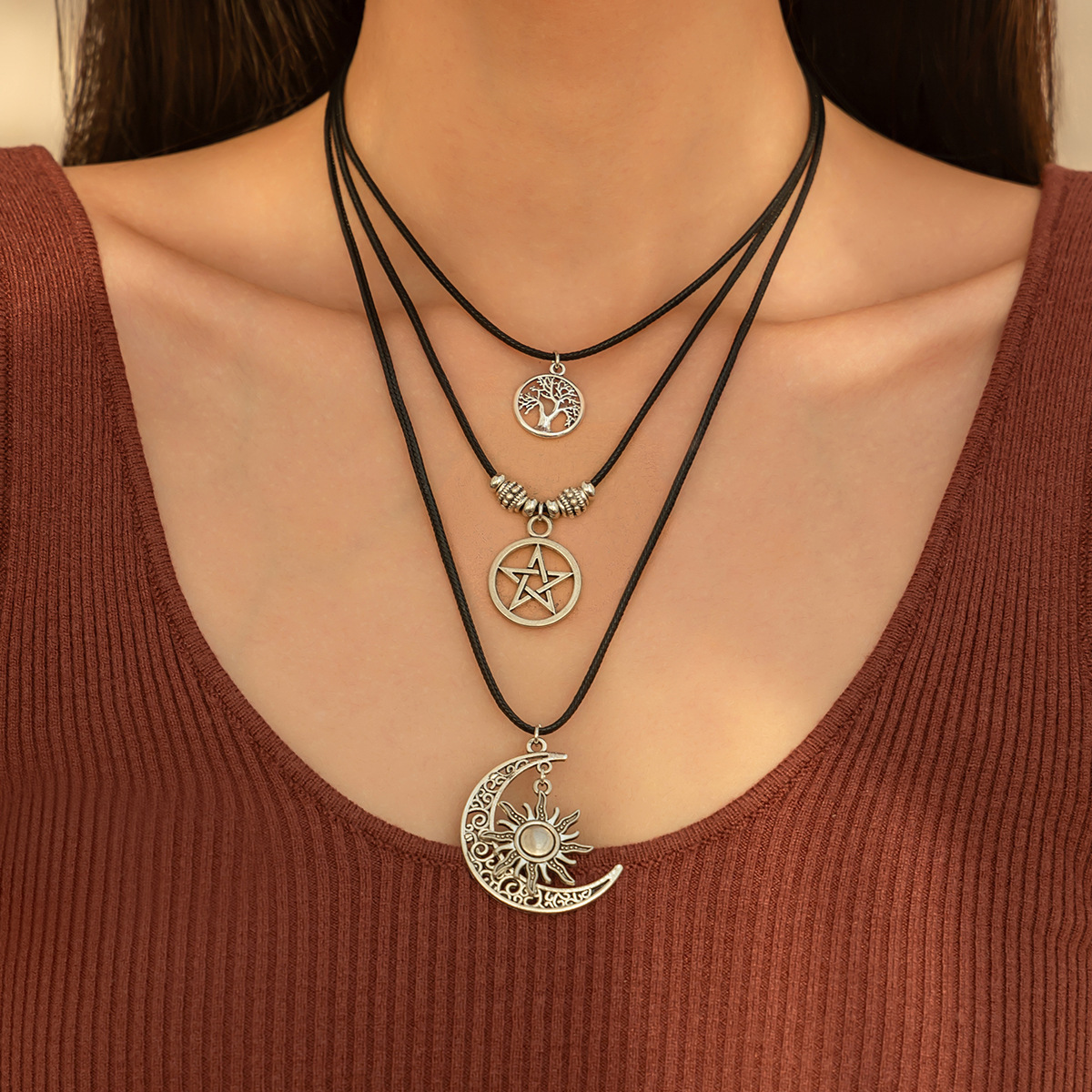 Ethnic Multi-layered Necklace Set with Large Tree Round Pendant Beads for Women