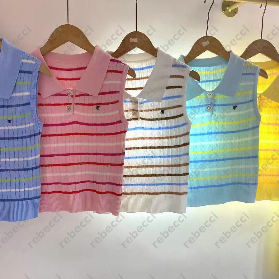 Polo collar contrasting vest tank top new slveless versatile tops summer round neck striped knit shirt contrasting short slved shirts CSD2506241 L2507