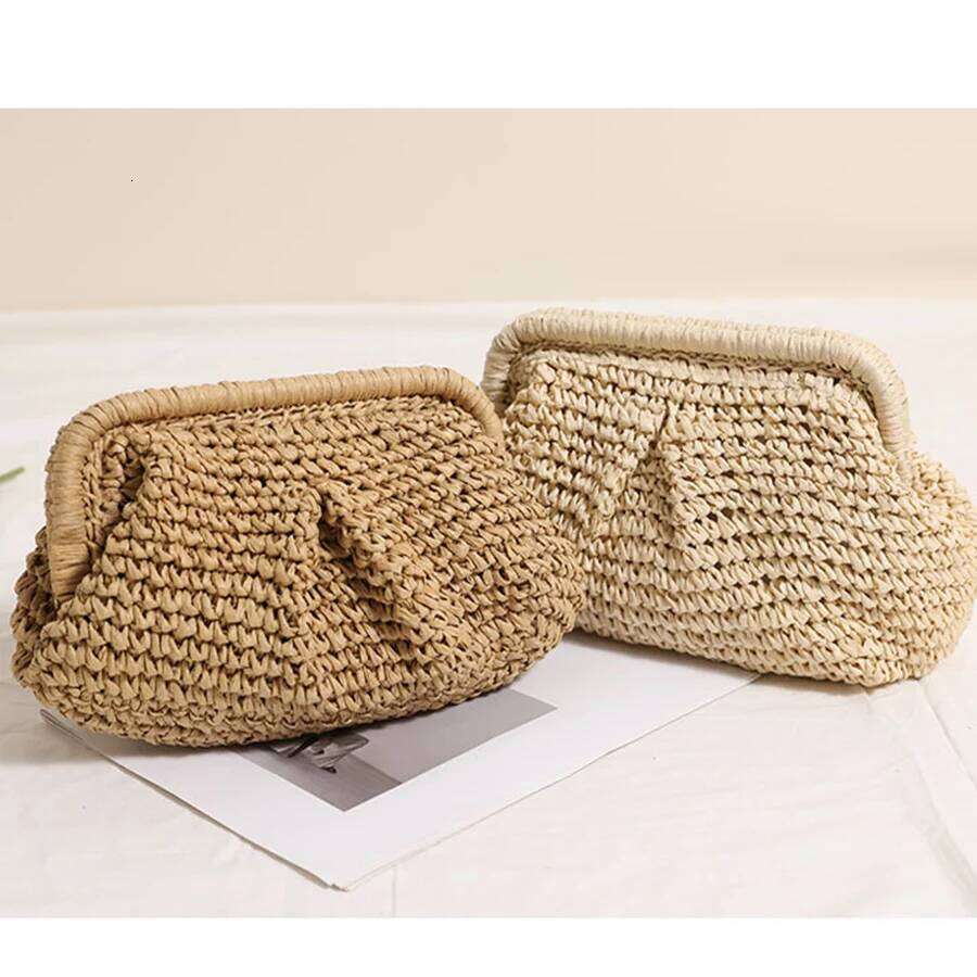 Straw Braided New Pleated Solid Color Straw Knit Clip Holiday Beach Chains Shoulder Crossbody Bag Female Purse Handbags