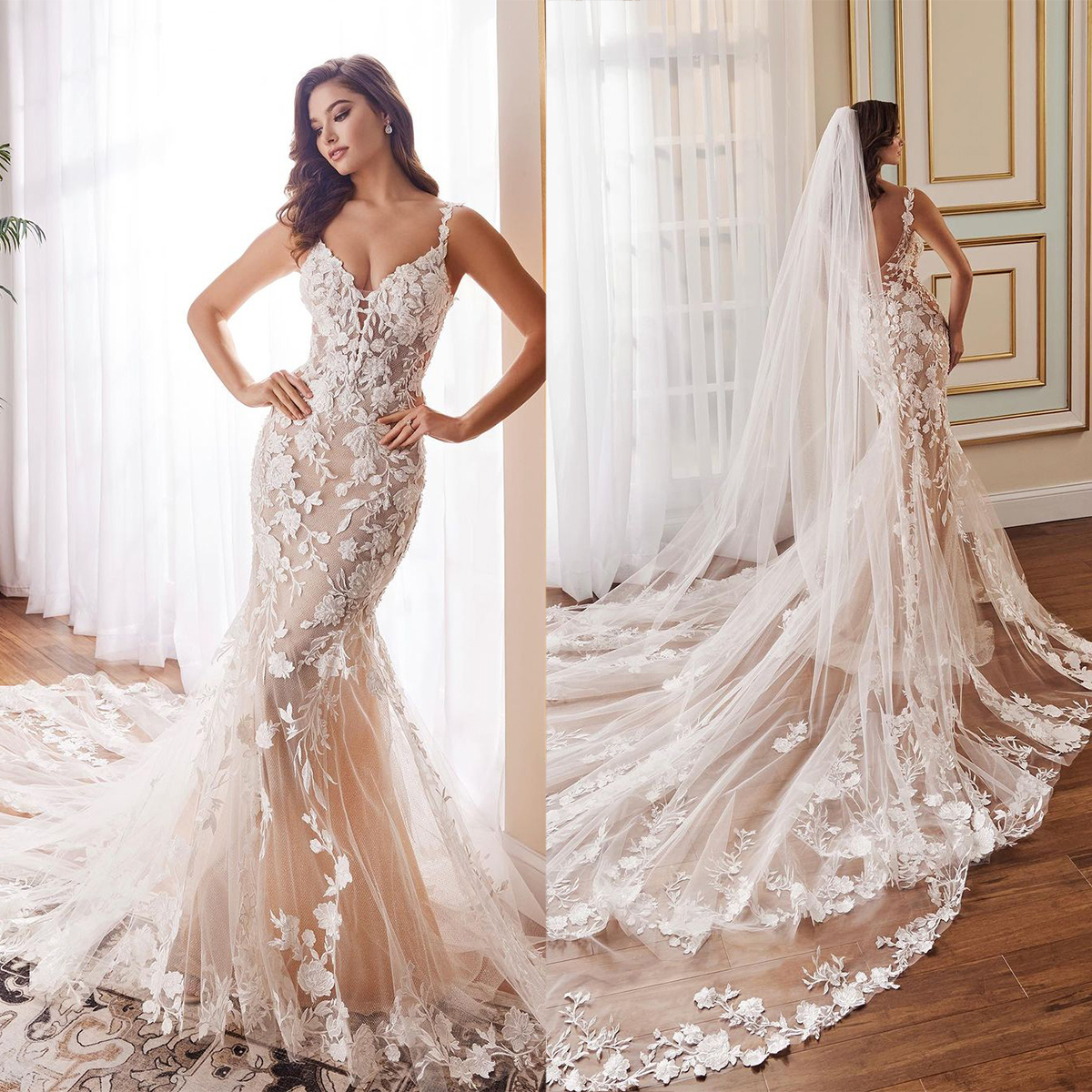 Elegant Floral Lace Mermaid Wedding Dresses with Train Spaghetti Bridal Gowns Cathedral Formal Special Occasion Bride Dresses Birthday Engagement Gown