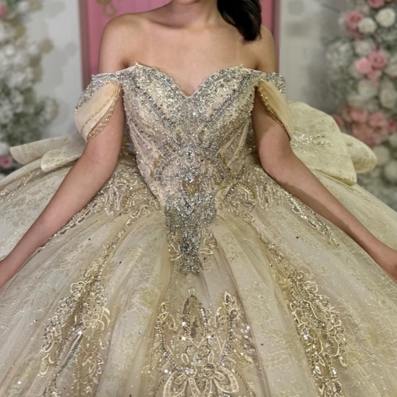 2025 Champagne Quinceanera Dresses Ball Gown Gold Lace Applique Beading Bow Sweet 16 Dress Vestidos De 15 Anos