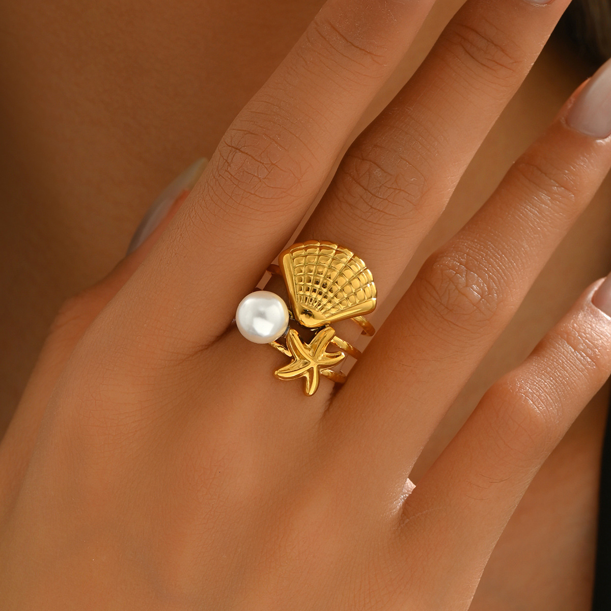 New Ocean Style Women's Personality Inlaid Pearl Shell Design Open Ring High-End Sense Jewelry