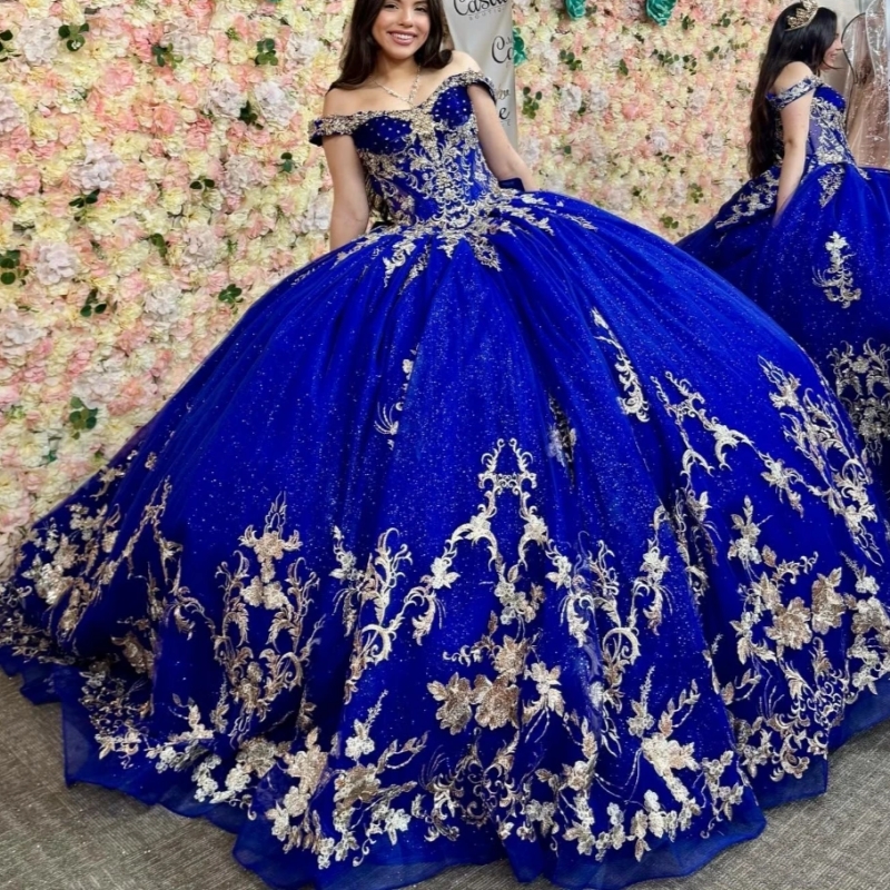 Royal Blue Shiny Quinceanera Dresses Ball Gown Gold Lace Applique Beading Crystal Sweet 16 Dress Vestidos De 15 Anos