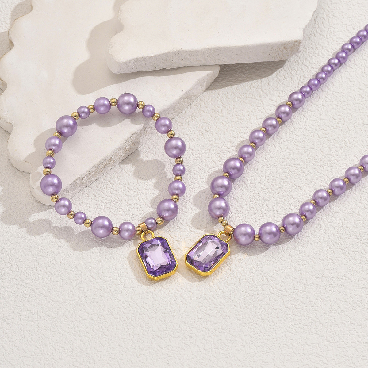 Fashion Style Women's Pearl Necklace Bracelet Set Inlaid Design Pendant Clavicle Chain For Women