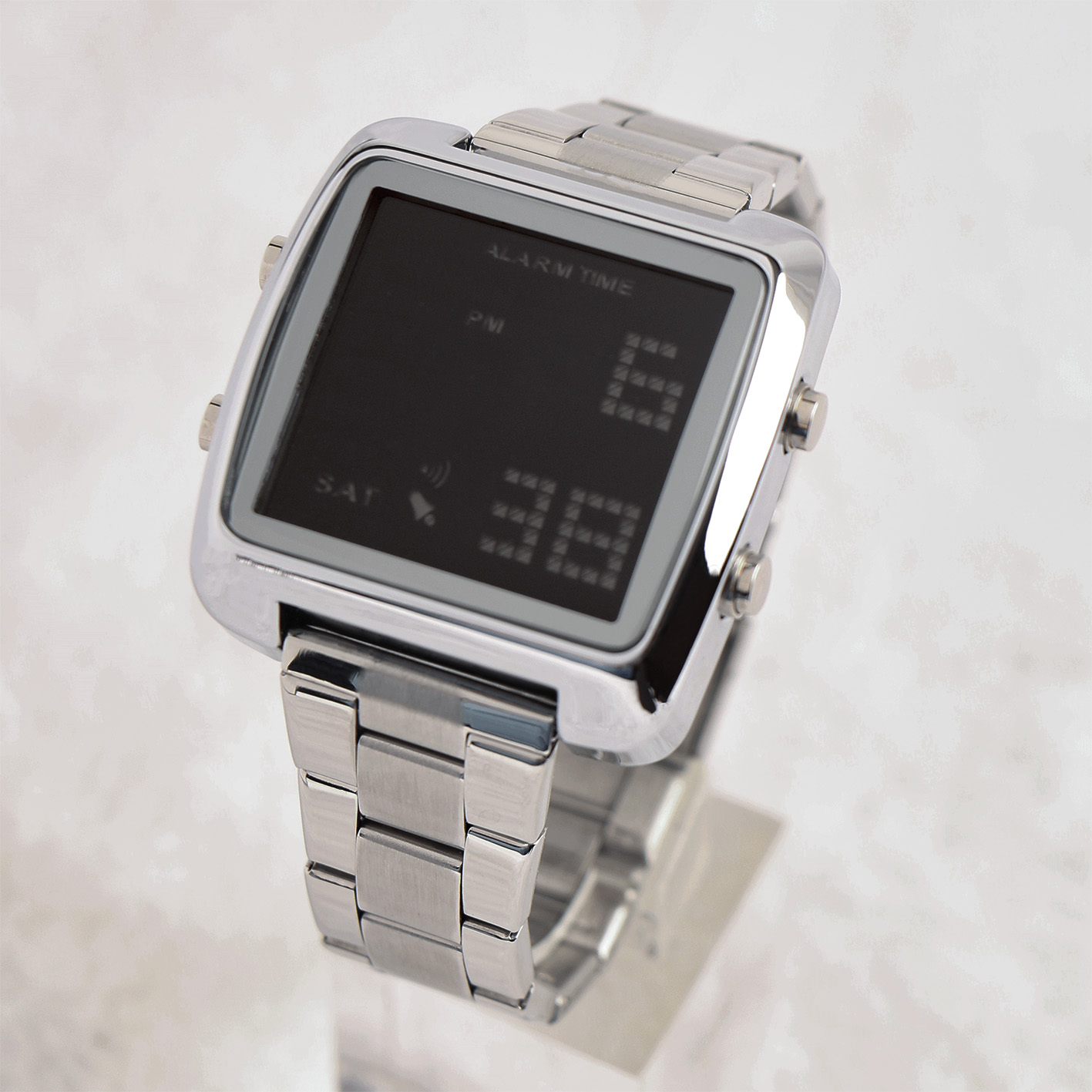 Multifunction LED Watch Stainless Steel Band Stopwatch Calendar Alarm Hourly Chime