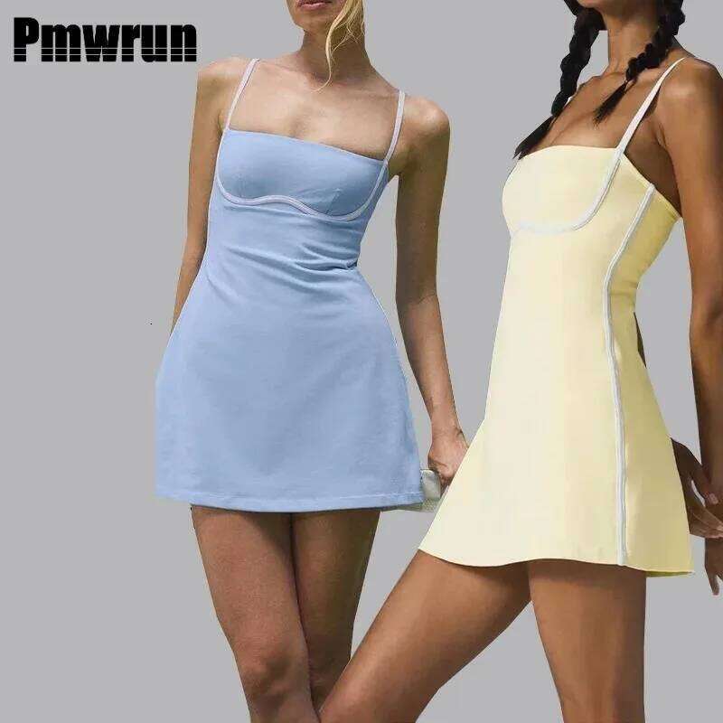 PMWRUN 2025Yoga Women's Contrast Color With Chest Pad Anti-Exposure Bottom Shorts Exercise Workout Training Tennis Dress