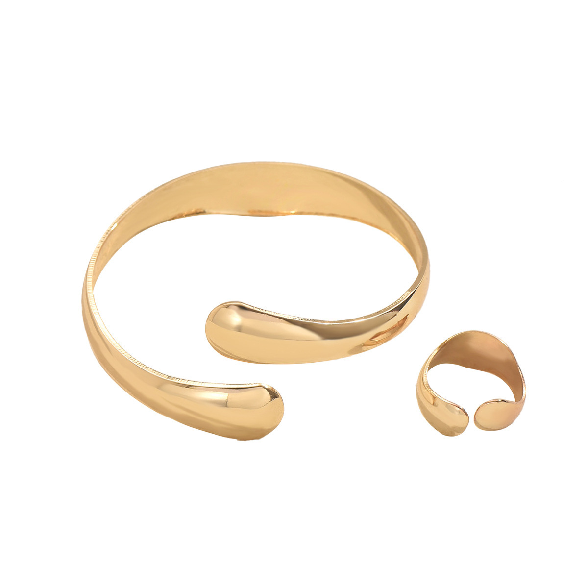 Minimalist Smooth Bracelet And Ring Set, Adjustable Open Arc Design, Women's Jewelry