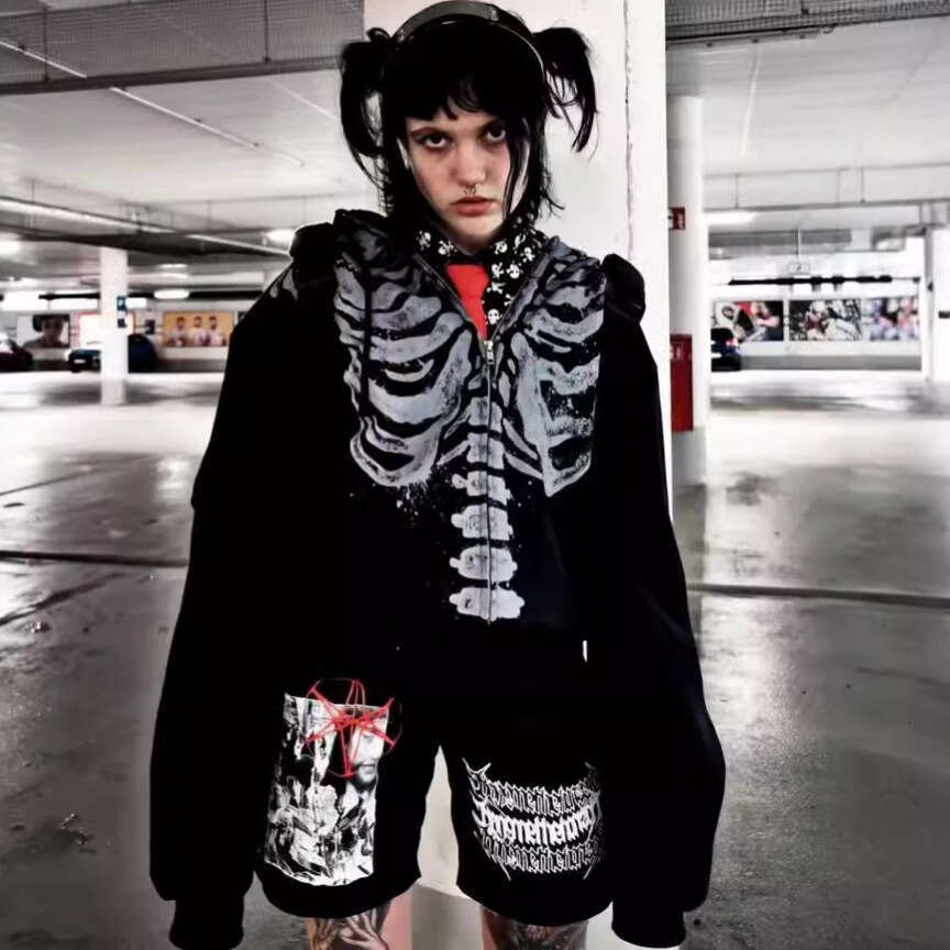 Street Style Skeleton Long Sleeve Women's Autumn Trendy Round Neck Cardigan Printed Loose Sweatshirt B5