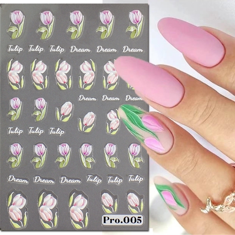 5d Embossed Nail Art Stickers Pink Blooming Florals Flowers Adhesive Sliders Decals Decorations For Tips Manicures 250605