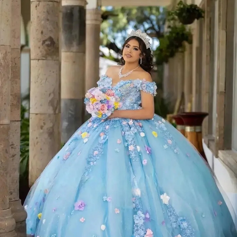 Sky Blue Shiny Quinceanera Dresses for 15 Years Old Off the Shoulder Applique Flower Beads Tull Sweet 16 Dress Vestidos 15 De Anos