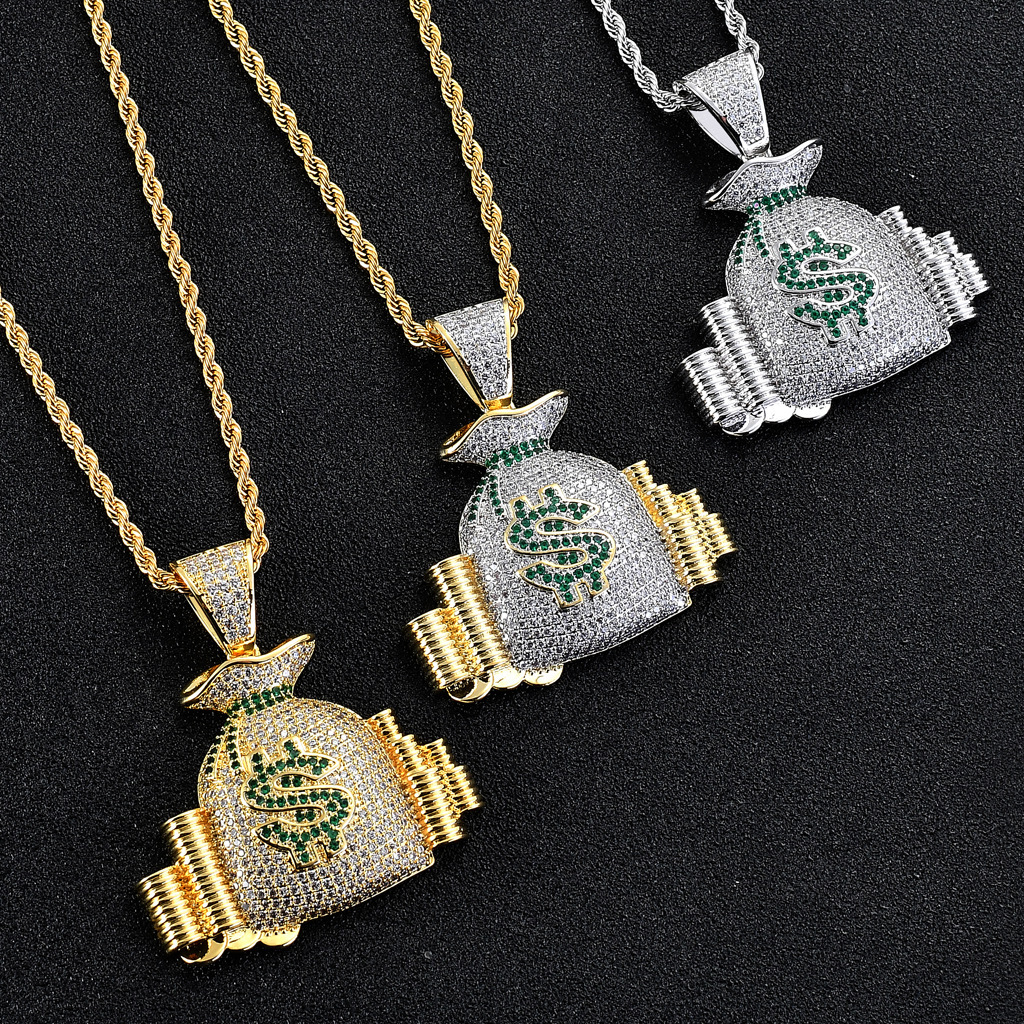 Moissanite Hip Hop Necklace Men Dollar Sign Money Bag Iced Out Luxury Trendy Bling Jewelry Pass the diamond tester