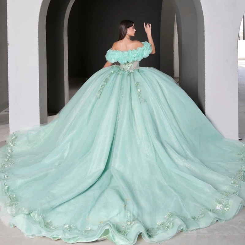 Glitter Sage Green Quinceanera Dresses Ball Gown Floral Applique Beading Tiered Sweet 16 Dress Vestidos De 15 Anos