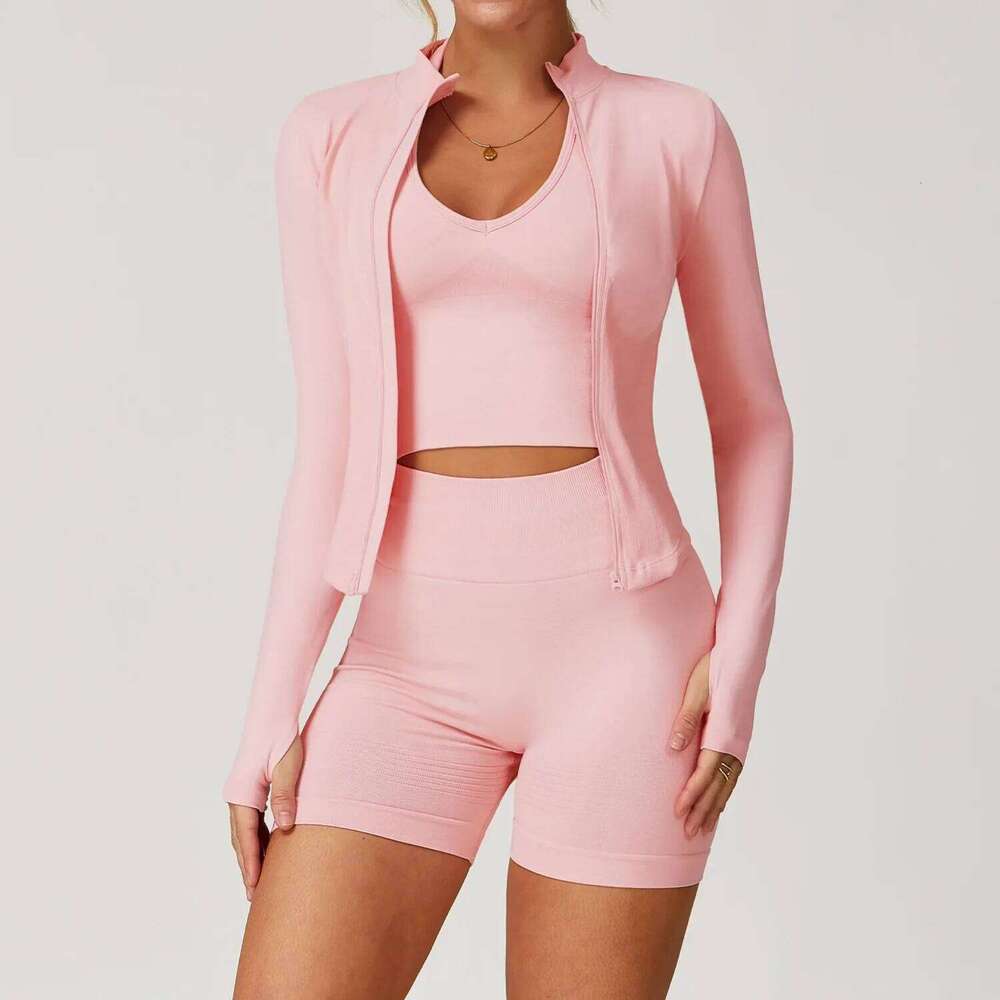 2/3 Piece Yoga Set Women Seamless Tracksuits Long Sleeve Zipper Jacket High Waist Leggings Fiess Suit Gym Running Shorts Sets