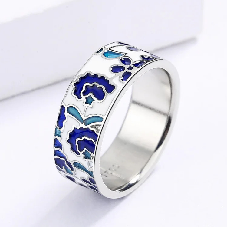 925 Silver Exquisite Womens for Ring Blue Enamel Flower Ring Fashion Handmade Enamel Jewelry Wedding Bridal Ring 250624