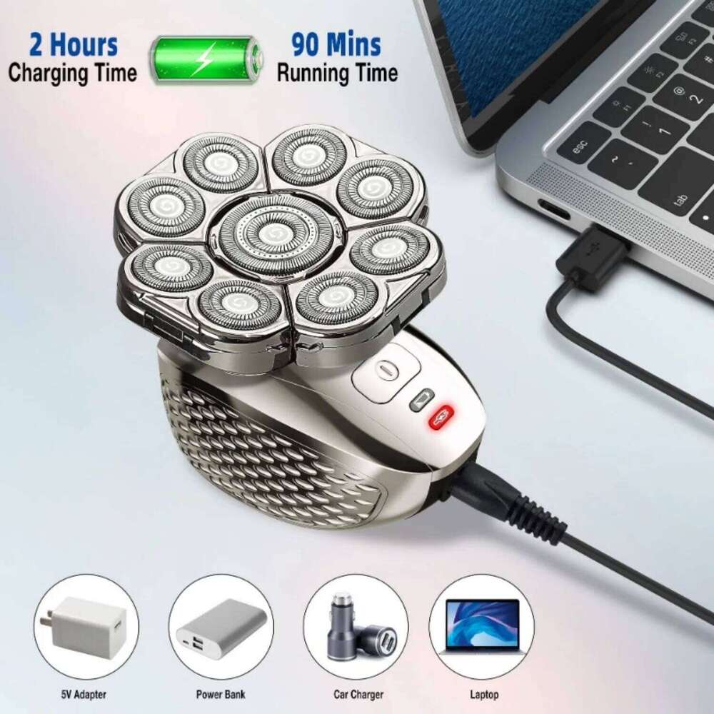 Men's Bald Head Electric Shaver 9 Blades Floating 6 In 1 Heads Beard Nose Ear Hair Trimmer Facial Brush USB Rechargeable Razor