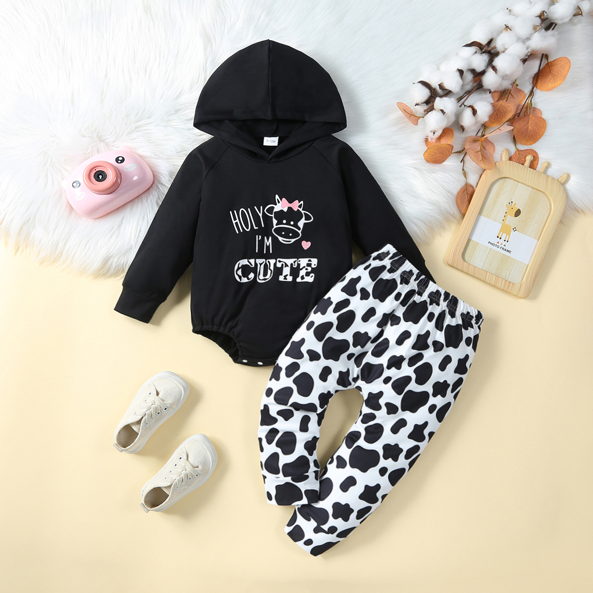 Spring and Autumn Baby Boy Letter Cow Printed Hoodie Pants Cute Casual Cow Spotted Full Pattern Pants Set