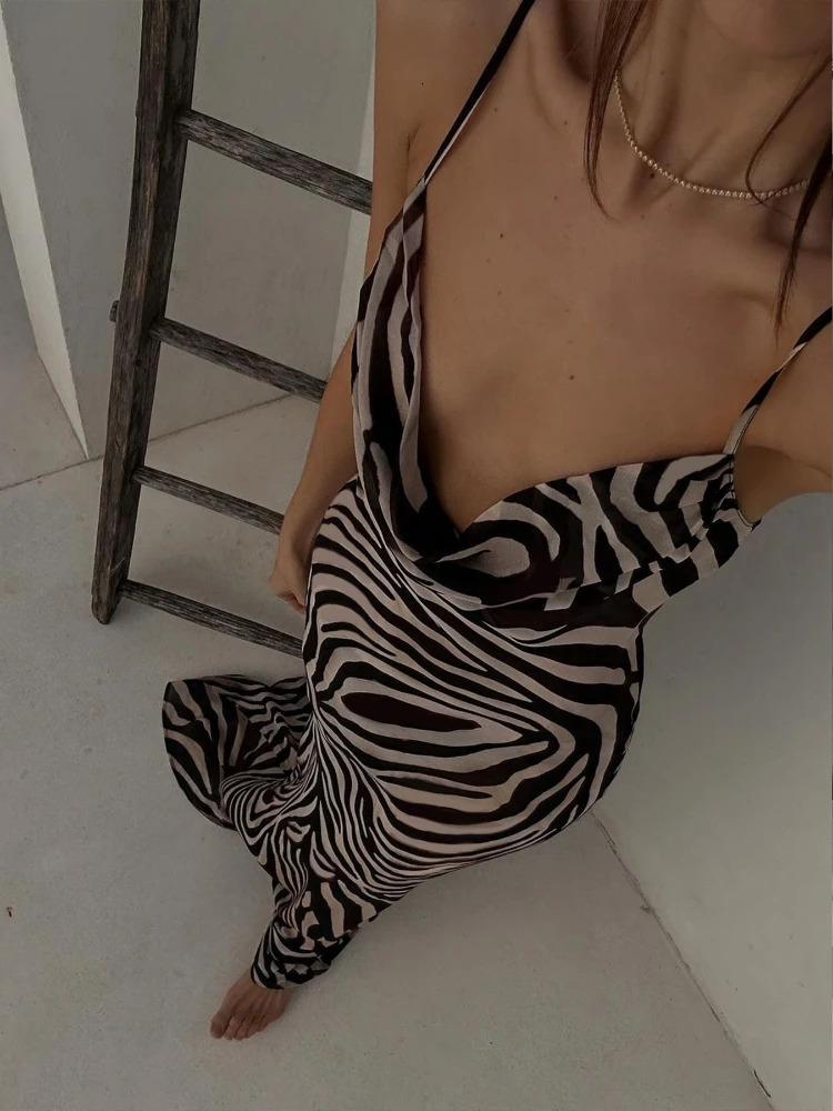 Chiffon Zebra Print Beach Dres Sexy See Through Sim Long Party Dresses Summer Spaghetti Strap Backless Holiday Dress 2024 250616