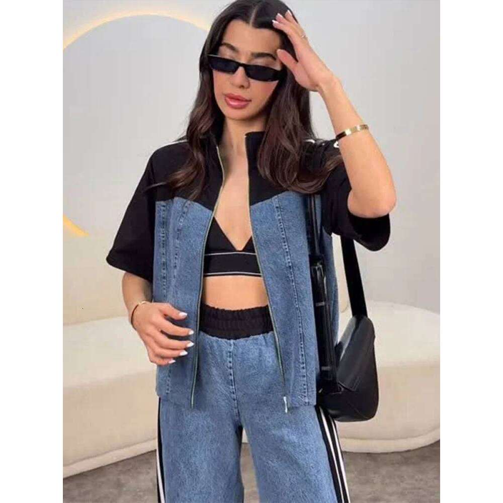 Women's Sporty Style Denim Pants Set White-Contrast Jacket Matching High Waist Side Stripes Jeans New Casual Streetwear