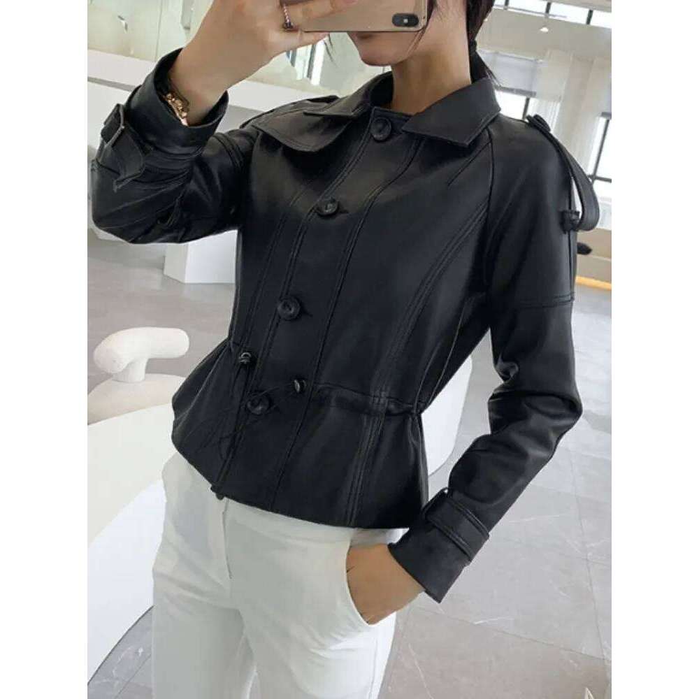 Office Ladies Genuine Leather Jacket Adjustable Waist Slim Fit Sheepskin Short Coat Women Single Breasted Punk Biker Outerwear
