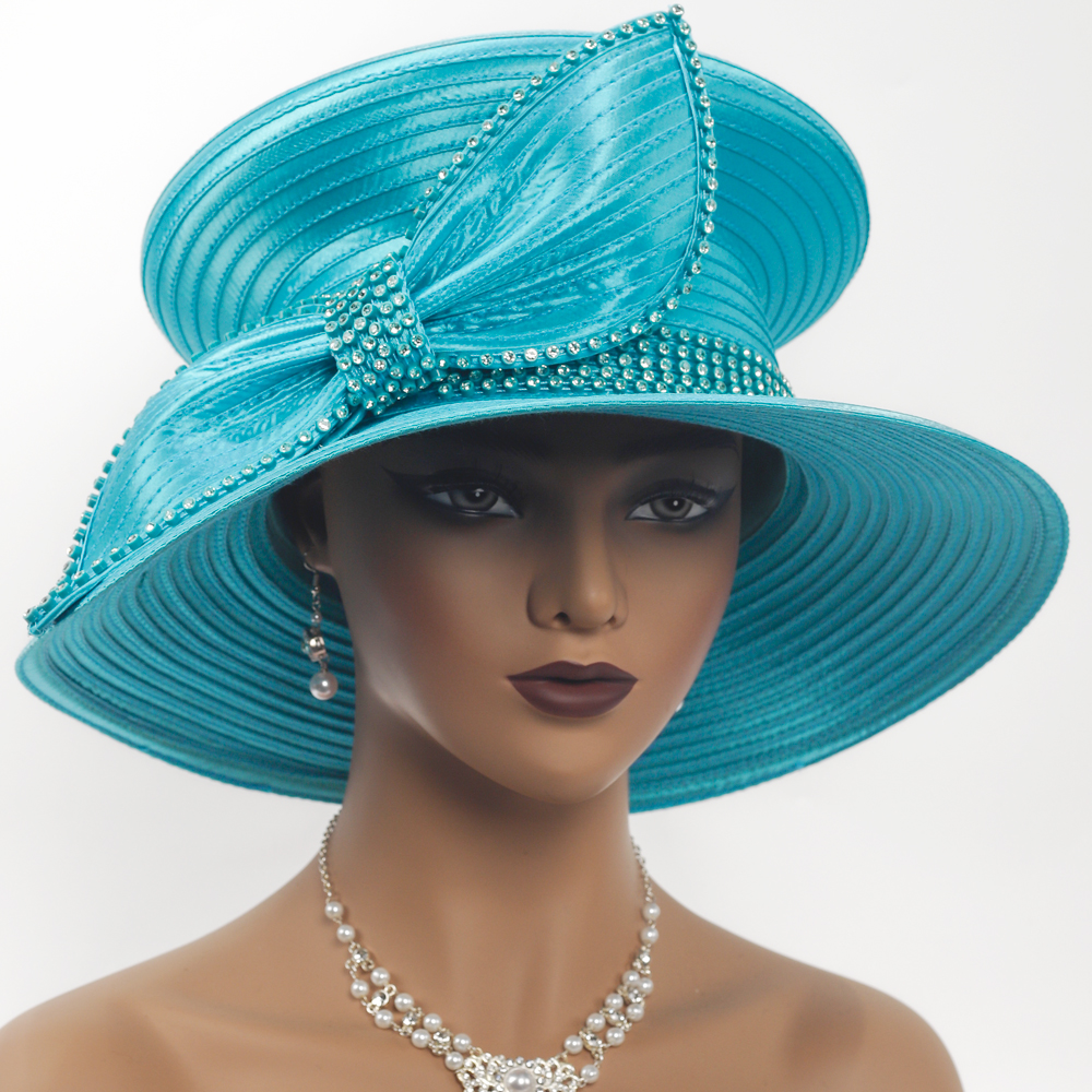 Elegant Lime Green Church Hat for Women - Wide Brim Satin Derby Hat with Crystal Trim for Wedding, Tea Party, and Sunday Service