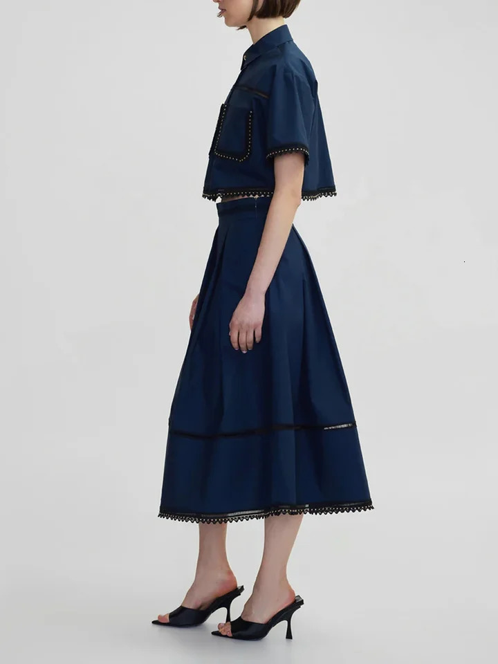 TWOTYLE Solid Two Piece Sets For Women Lapel Short Sleeve Tops High Waist A Line Skirt Slimming Female Fashion Style 250614