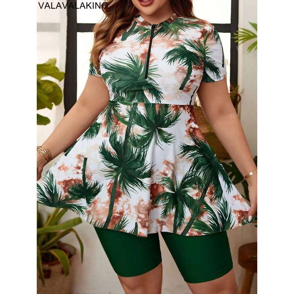 2024 Print 2 Piece Plus Size Tankini Women High Waist Large Big Swimsuit Short Sleeve Lady Swimwear Chubby Curvy Bathing Suit