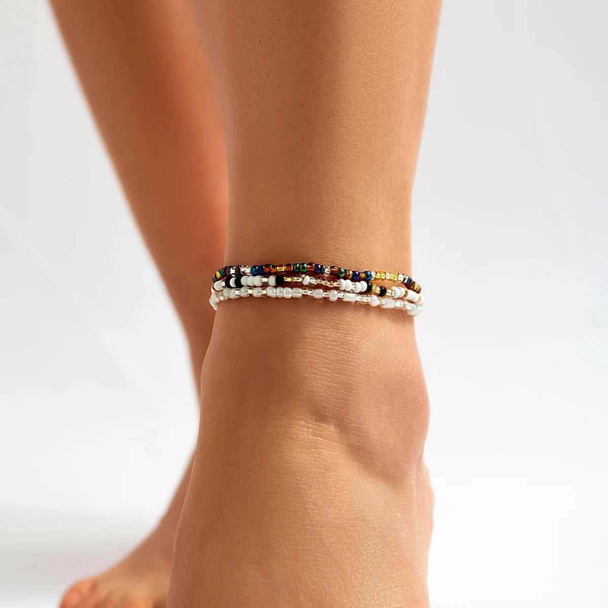 IngeSight.Z Bohemian 3pcs/set Multicolor Beaded Anklets Women Handmade Elastic Bracelet On The Leg Foot Summer Beach Jewelry U250624