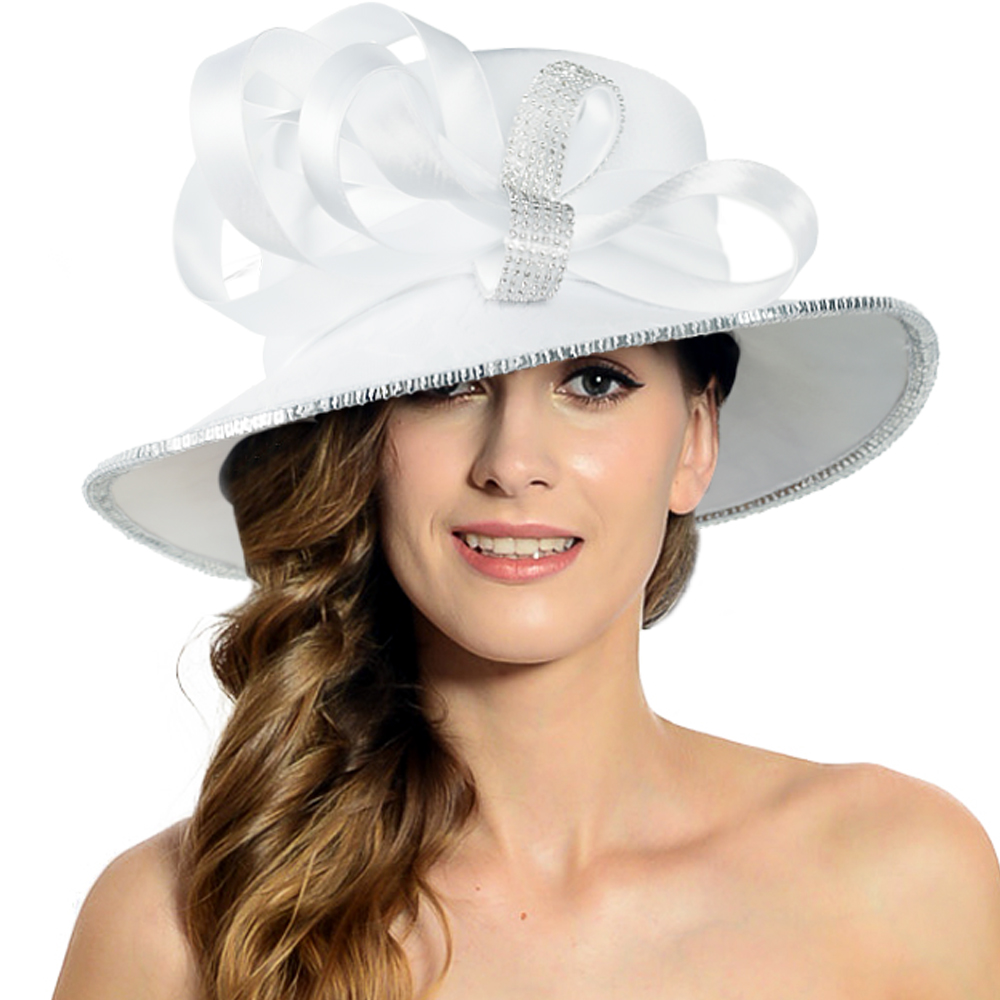 Elegant Black Church Hat with Wide Brim and Rhinestone Bow - Women's Formal Derby Tea Party Hat for Wedding & Sunday Services SD726