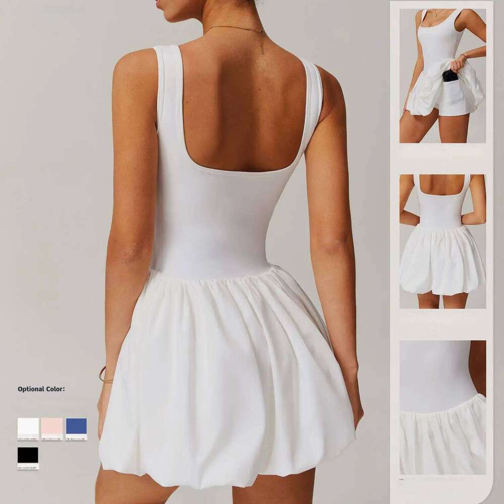 Womens Tennis Golf Dress Built-in Bra Shorts Backless Square Neck Mini Puffy Skirt Athletic Dresses with Pockets