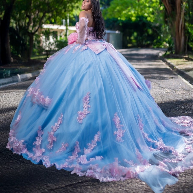 Blue Shiny Quinceanera Dresses Ball Gown Off The Shoulder Applique Flower Beads Tull Corset Sweet 16 Dress Vestidos 15 Anos