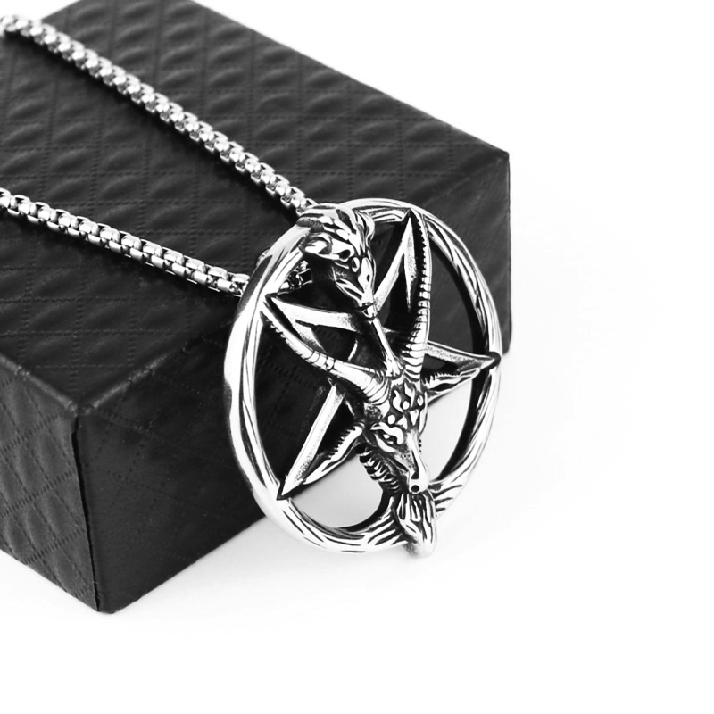 Retro Goat Round Brand Hexagonal Star Pendant Couple Hip-hop Stainless Steel Necklace Casual Literary Gift for Men and Women