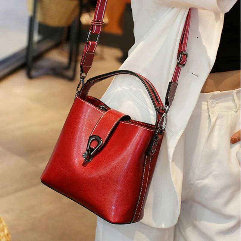 Burminsa Genuine Leather Bucket Small Shoulder Crossbody Bags For Women 2025 Trend Designer Wide Strap Oil Waxed Ladies Handbags